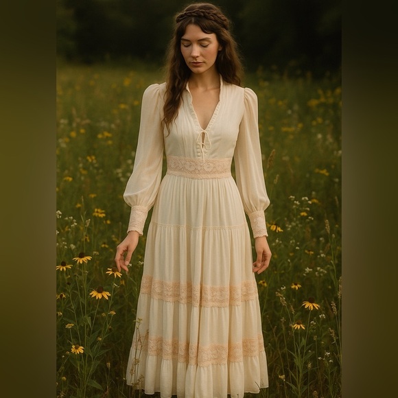 Vintage Jessica McClintock Gunne Sax Maxi  Dress Size XS Boho Prairie Romantic - Picture 14 of 14